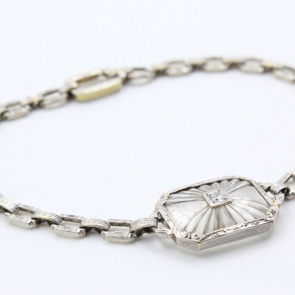 Antique Art Deco Platinum Diamond 14K Gold Frosted Rock Quartz Crystal Bracelet - Picture 10 of 16